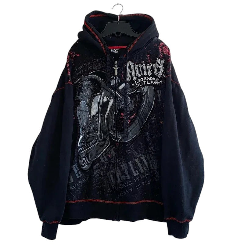 COMFORTH black zip-up hoodie with distressed graphic print of a motorcycle rider and text. Features red stitching and drawstring hood.