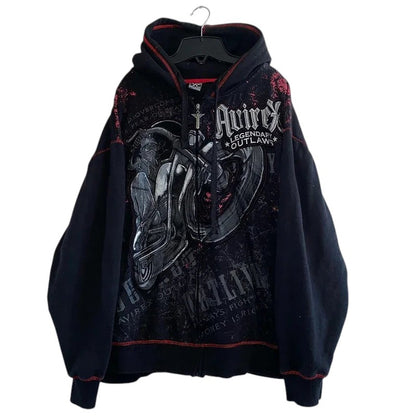 COMFORTH black zip-up hoodie with distressed graphic print of a motorcycle rider and text. Features red stitching and drawstring hood.