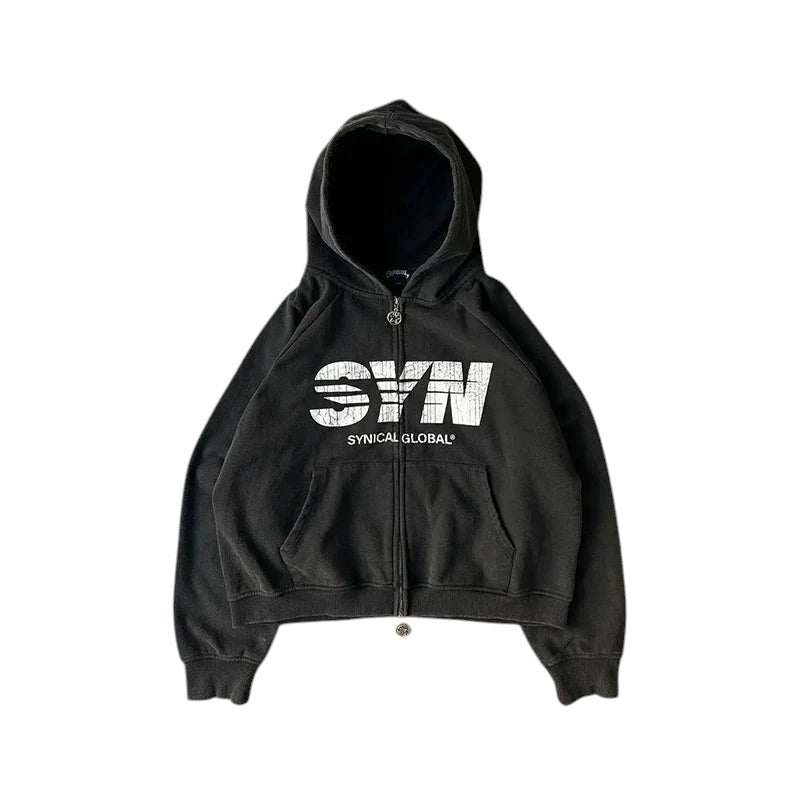 COMFORTH black zip-up hoodie with distressed white 'SYN' graphic and 'SYNICAL GLOBAL' text. Cotton blend.