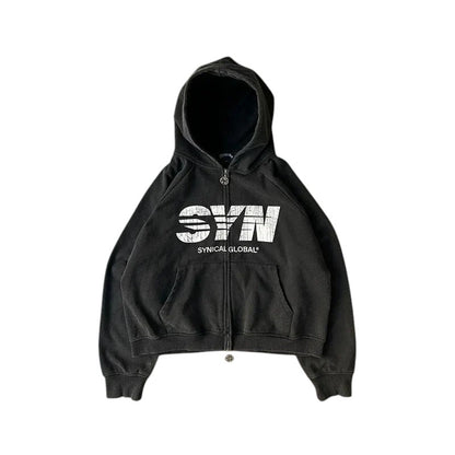 COMFORTH black zip-up hoodie with distressed white 'SYN' graphic and 'SYNICAL GLOBAL' text. Cotton blend.