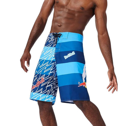 COMFORTH Men's athletic blue striped board shorts with Red Bull logo. Quick-drying fabric, drawstring closure.