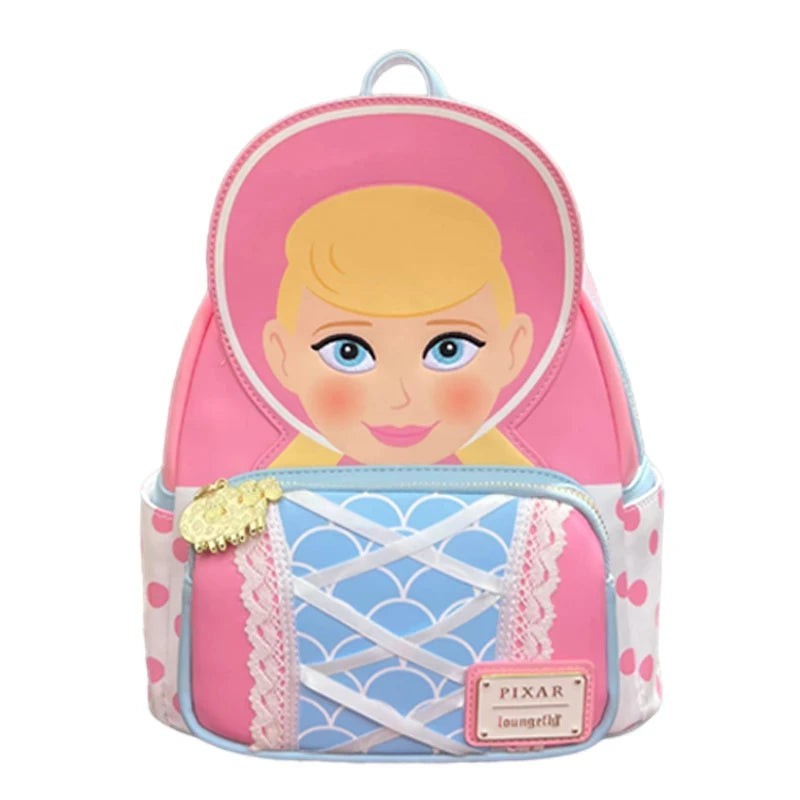 COMFORTH Bo Peep backpack from Toy Story, pink with blue accents and Bo Peep's face on the front.