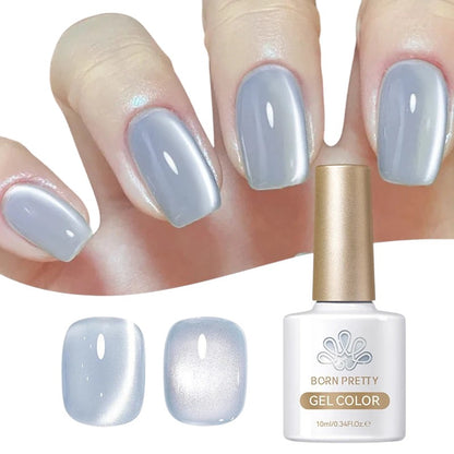 COMFORTH cat-eye effect gel nail polish in light grey with a shimmering finish. Bottle shown with two swatches.