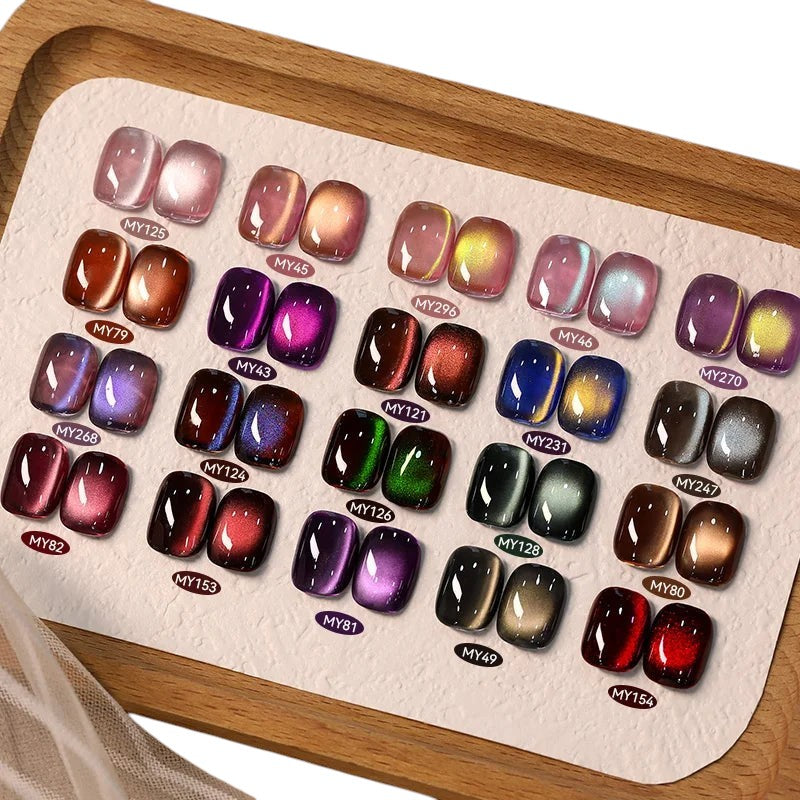 COMFORTH Born Pretty Gel Nail Polish Collection swatches featuring cat-eye effect in various colors like purple, blue, green, red, and brown.