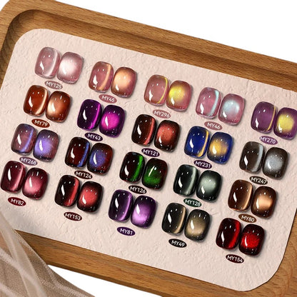 COMFORTH Born Pretty Gel Nail Polish Collection swatches featuring cat-eye effect in various colors like purple, blue, green, red, and brown.