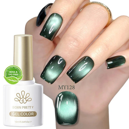 COMFORTH Born Pretty gel nail polish in dark green with a cat-eye effect, showing a shimmering multi-dimensional finish.