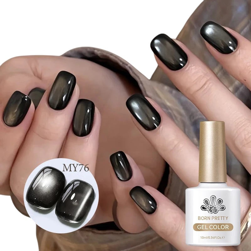 COMFORTH Born Pretty gel nail polish in dark grey with a cat-eye effect, showing a bottle and manicured nails.