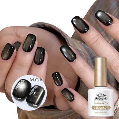 COMFORTH Born Pretty gel nail polish in dark grey with a cat-eye effect, showing a bottle and manicured nails.