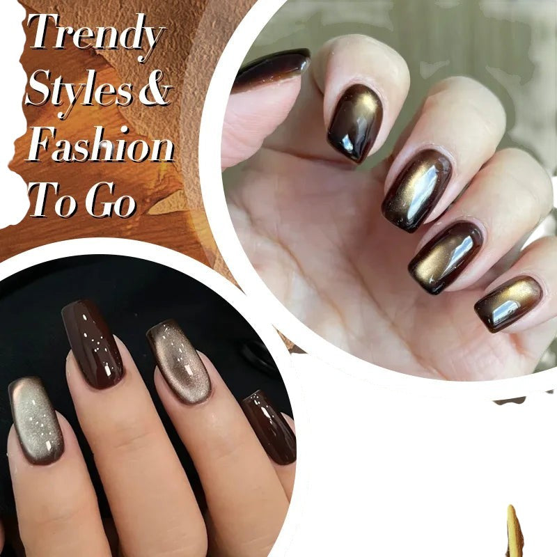 COMFORTH cat-eye gel nail polish collection in deep brown with gold shimmer effect. Long-lasting, chip-resistant.