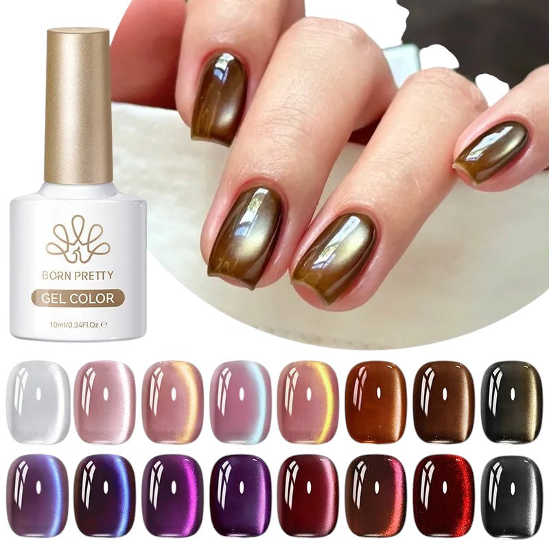 COMFORTH cat-eye gel nail polish collection in various colors, featuring a mesmerizing shimmer effect.