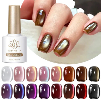COMFORTH cat-eye gel nail polish collection in various colors, featuring a mesmerizing shimmer effect.