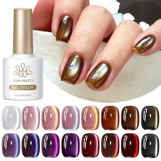 COMFORTH cat-eye gel nail polish collection in various colors, featuring a mesmerizing shimmer effect.