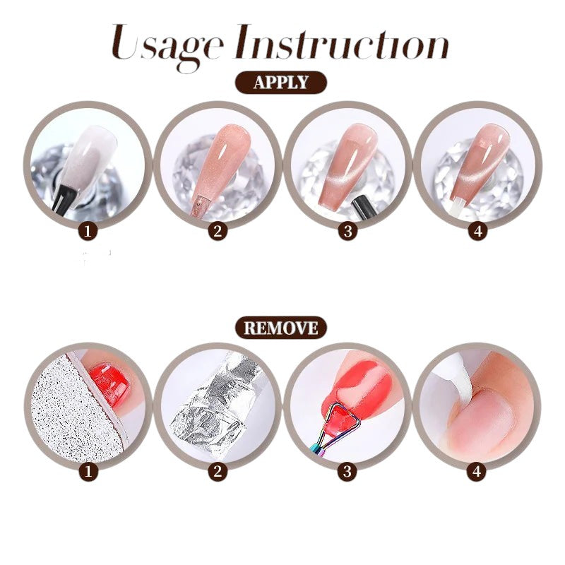 COMFORTH cat-eye gel nail polish application and removal instructions. Shows steps for applying polish and creating the cat-eye effect, and removing polish with foil.
