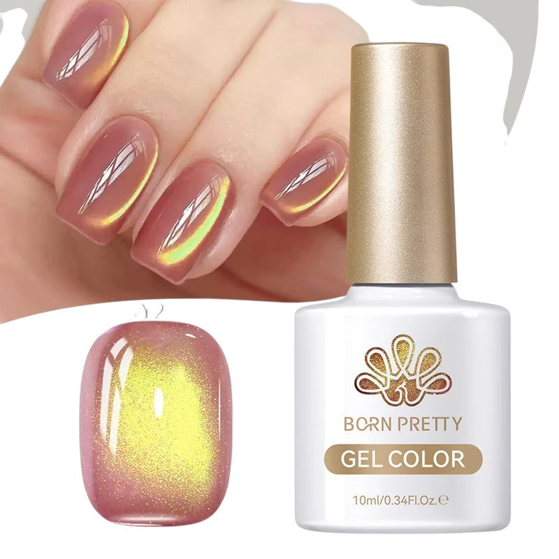 COMFORTH cat-eye effect gel nail polish in rose gold with yellow shimmer. Bottle shown next to manicured nails.