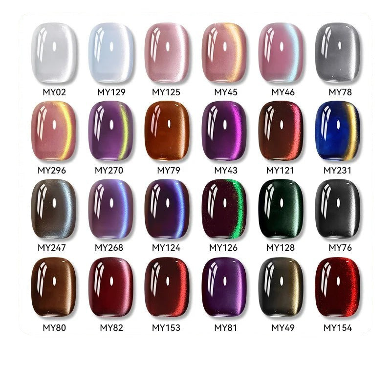 COMFORTH cat-eye gel nail polish collection swatches in various colors including purple, blue, brown, red, and grey.