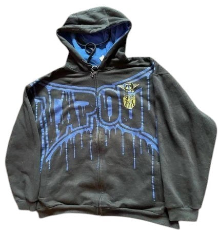 COMFORTH charcoal grey zip-up hoodie with blue graphic print and drawstring hood.