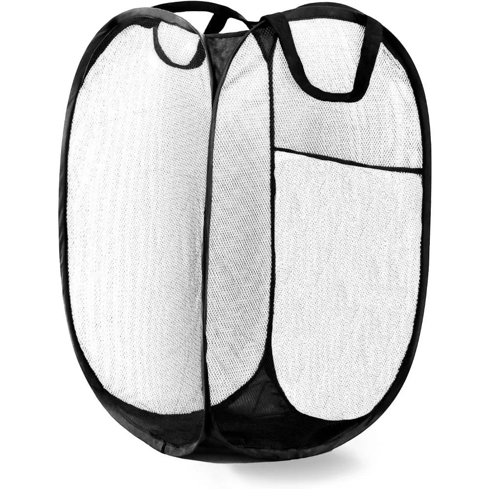 COMFORTH black collapsible mesh laundry hamper with handles and pocket. Lightweight and breathable.