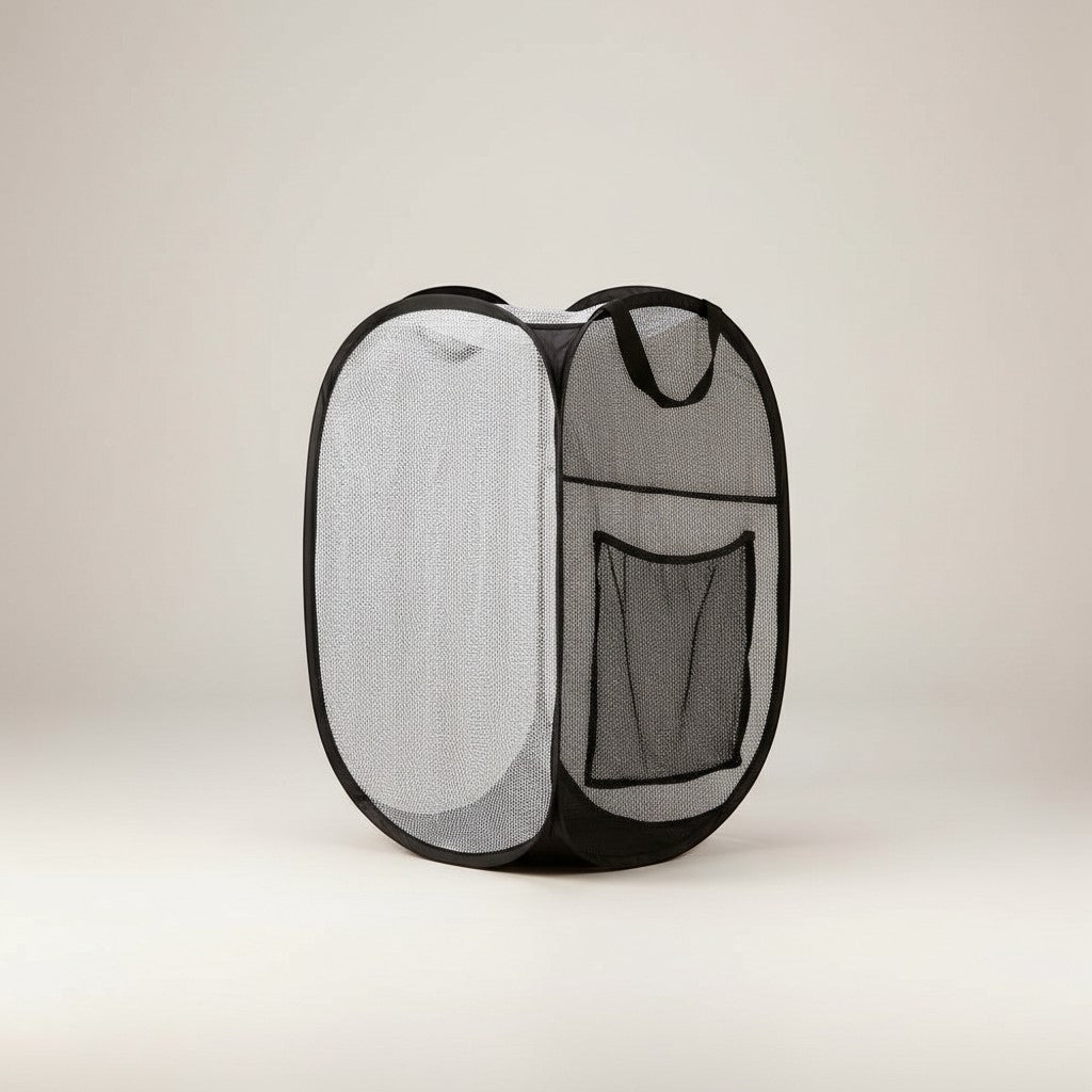 COMFORTH collapsible black mesh laundry hamper with handles and side pocket. Lightweight and breathable.