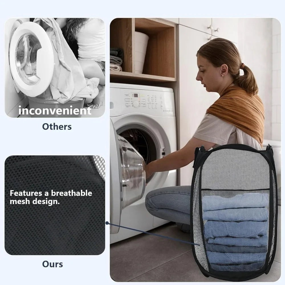 COMFORTH black collapsible mesh laundry hamper with handles, folds flat for storage, breathable mesh design.