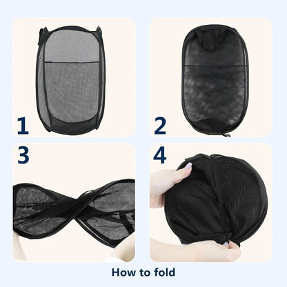 COMFORTH black collapsible mesh laundry hamper with handles, folds flat for easy storage.