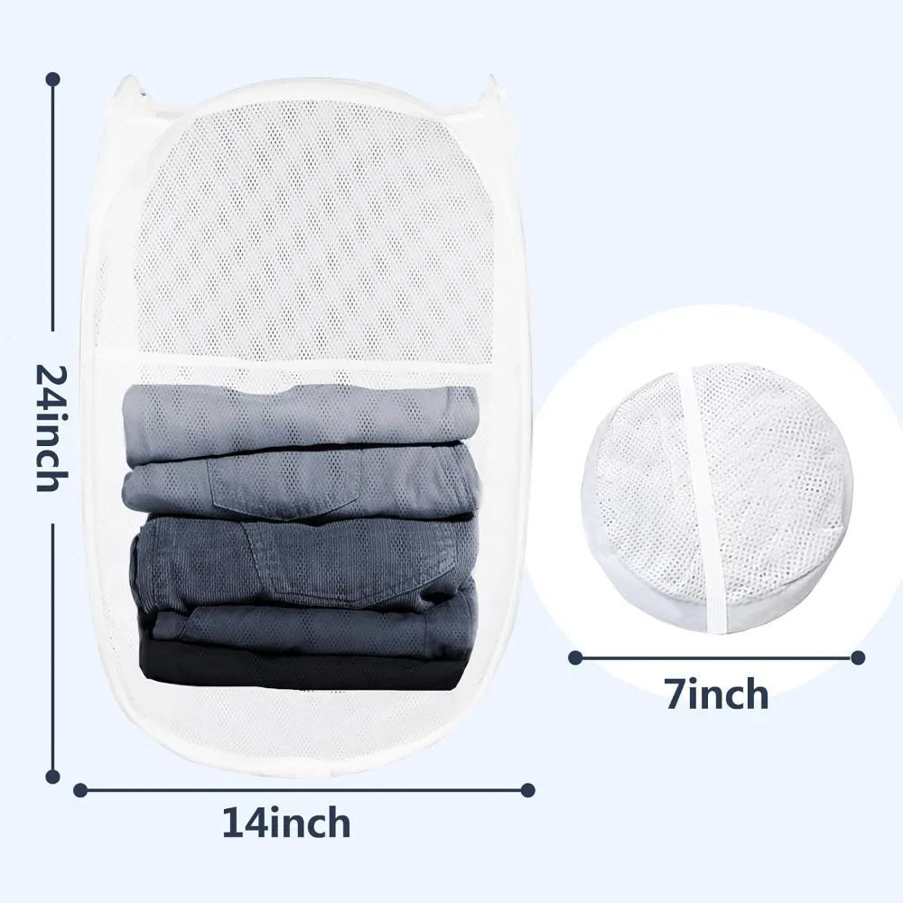 COMFORTH white collapsible mesh laundry hamper with handles, folded flat and expanded views shown.
