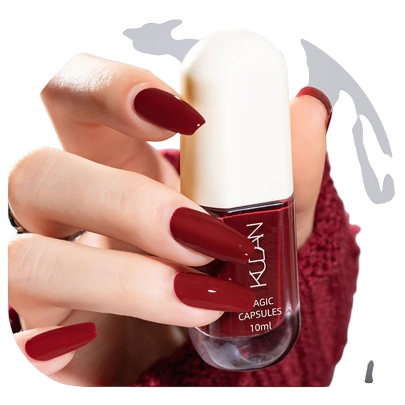 COMFORTH 10ml bottle of dark red peel-off nail polish on a hand with matching nails.