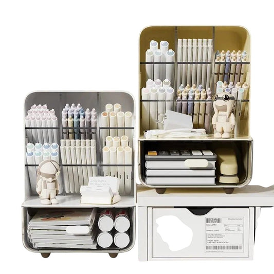 COMFORTH desk organizer with multiple compartments and drawers, holding pens, markers, notebooks, and a calculator.