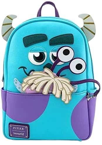 COMFORTH blue and purple mini backpack designed like Sulley from Monsters Inc. with horns and fuzzy details.