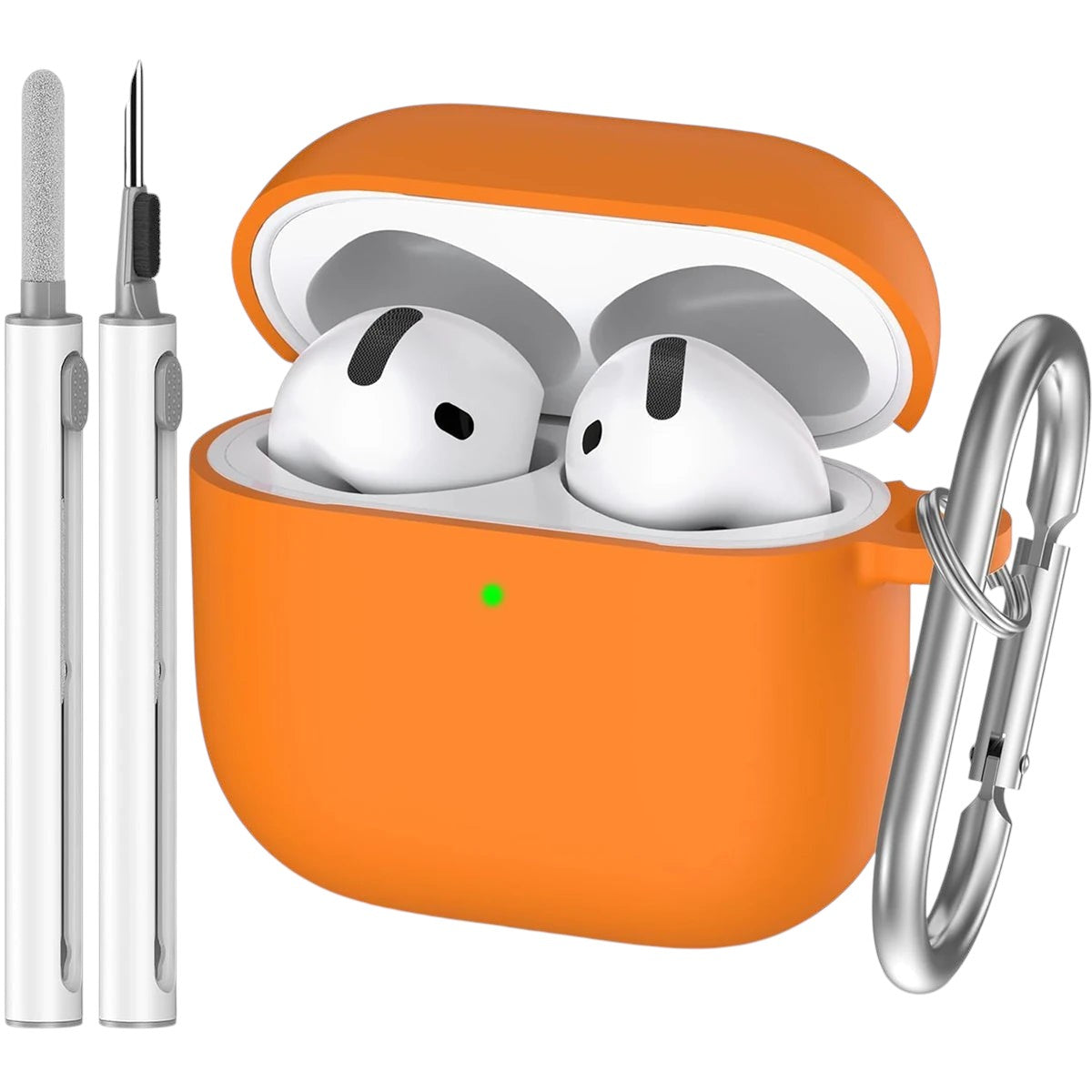 COMFORTH orange silicone earbud charging case with keychain and cleaning pen, holds white earbuds.