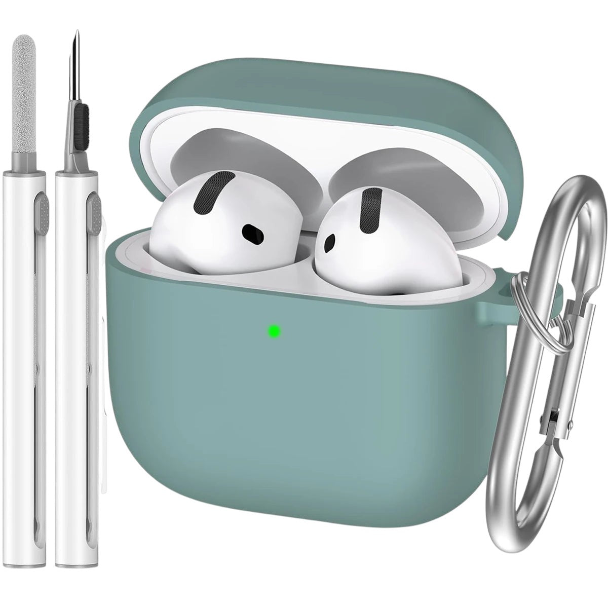 COMFORTH teal silicone earbud charging case with keychain and cleaning pen, holding white earbuds.