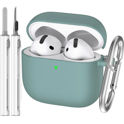 COMFORTH teal silicone earbud charging case with keychain and cleaning pen, holding white earbuds.