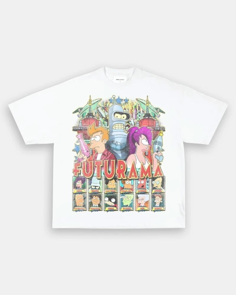 COMFORTH white cotton t-shirt with a vibrant graphic print of Futurama characters Fry, Leela, and Bender.