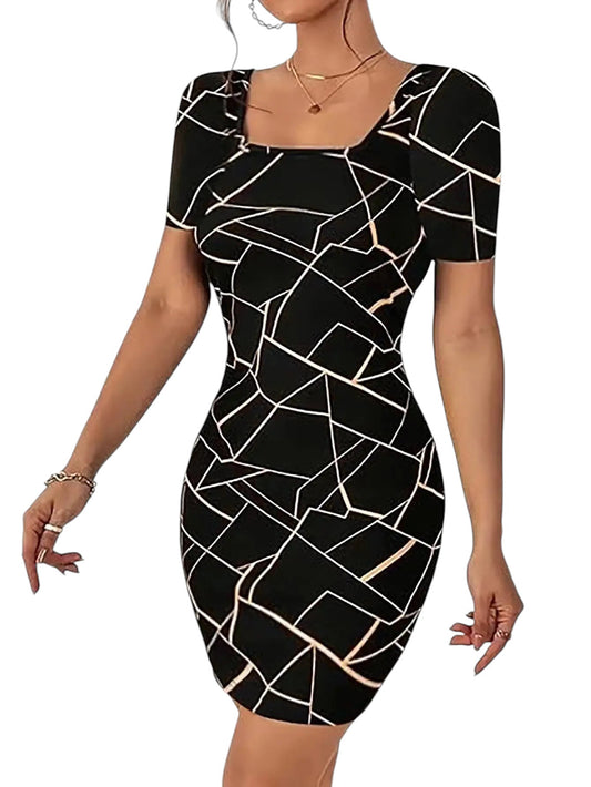 COMFORTH Geometric print square neck short sleeve bodycon dress in black and white. Stretchy fabric accentuates curves.