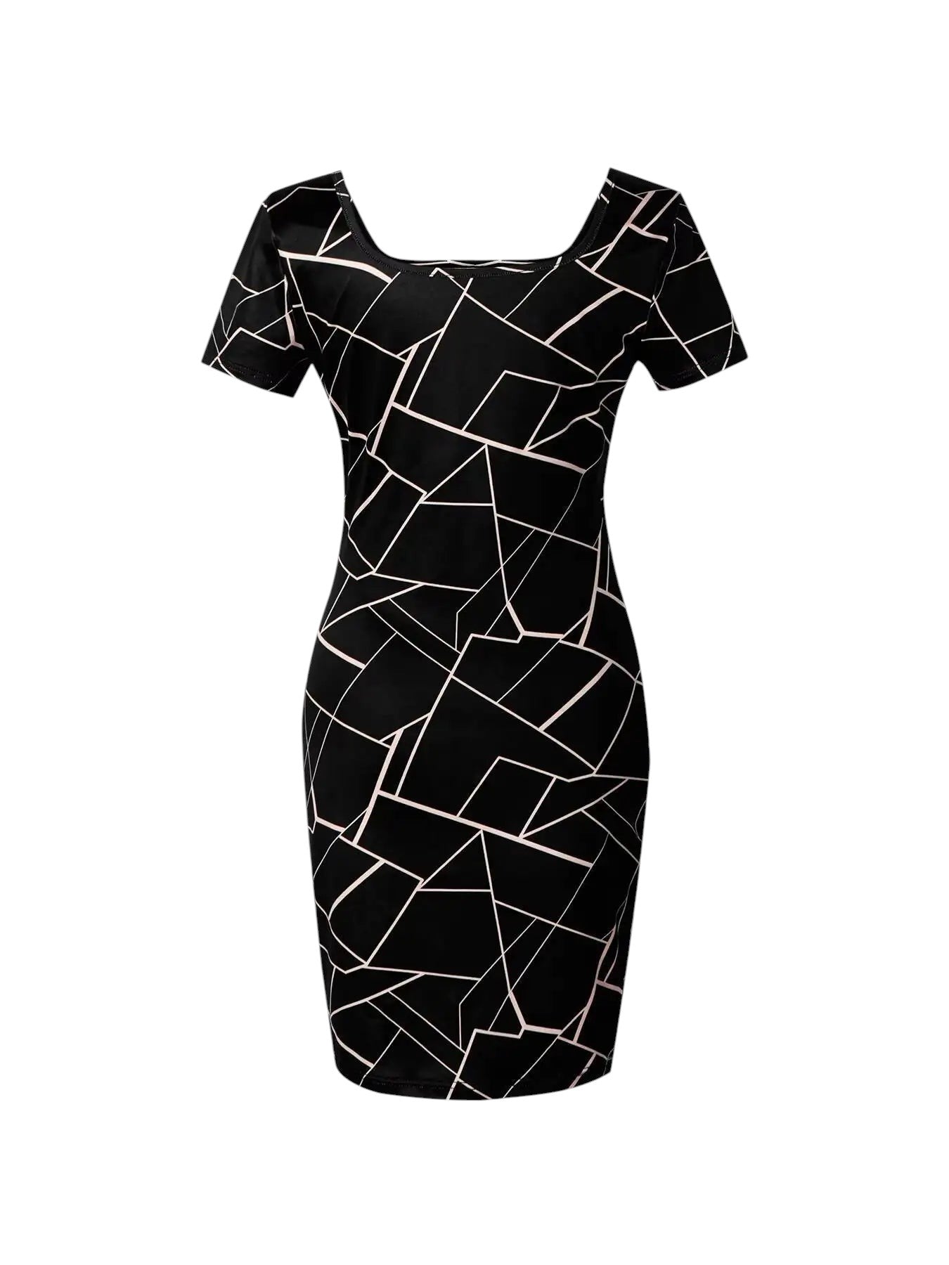 COMFORTH Geometric print square neck short sleeve bodycon dress in black and white. Stretchy fabric.