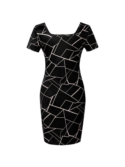 COMFORTH Geometric print square neck short sleeve bodycon dress in black and white. Stretchy fabric.