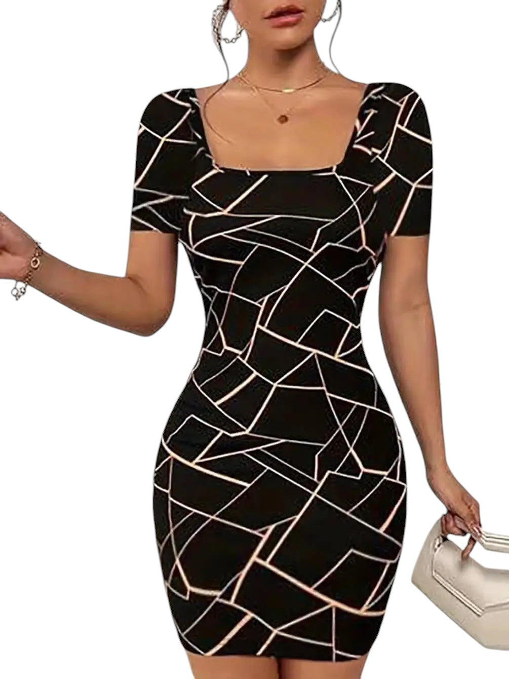 COMFORTH Geometric print square neck short sleeve bodycon dress in black and white. Stretchy fabric.