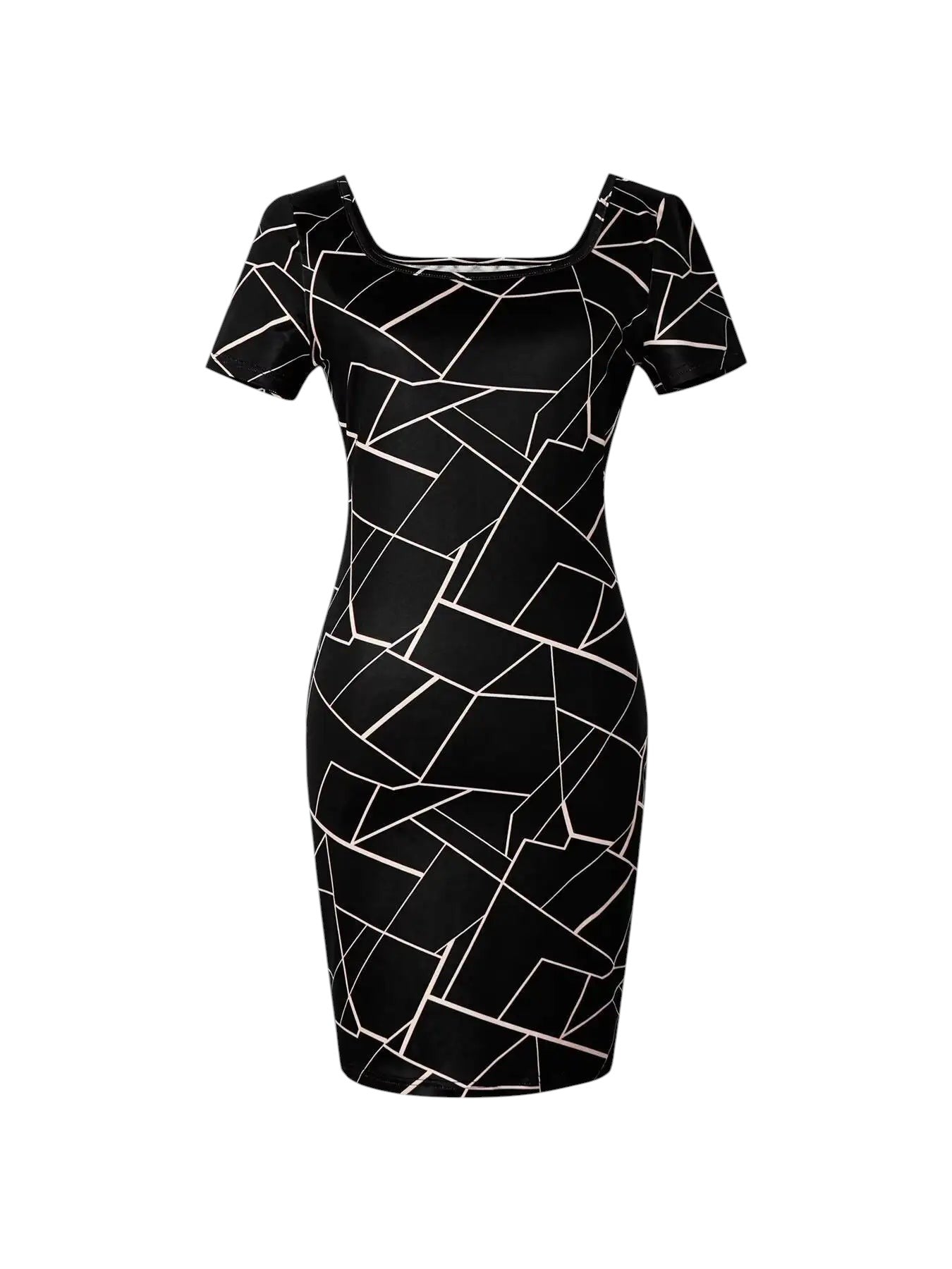 COMFORTH Geometric print square neck short sleeve bodycon dress in black and white. Stretchy fabric.