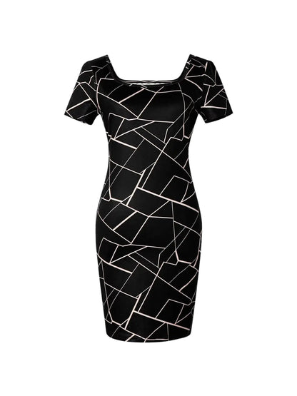 COMFORTH Geometric print square neck short sleeve bodycon dress in black and white. Stretchy fabric.