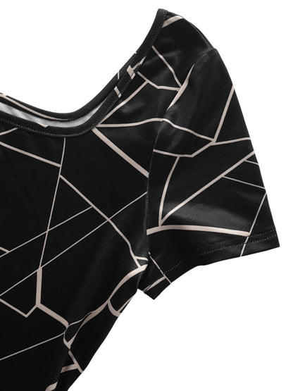 COMFORTH Geometric print square neck short sleeve bodycon dress in black and white. Stretchy fabric.
