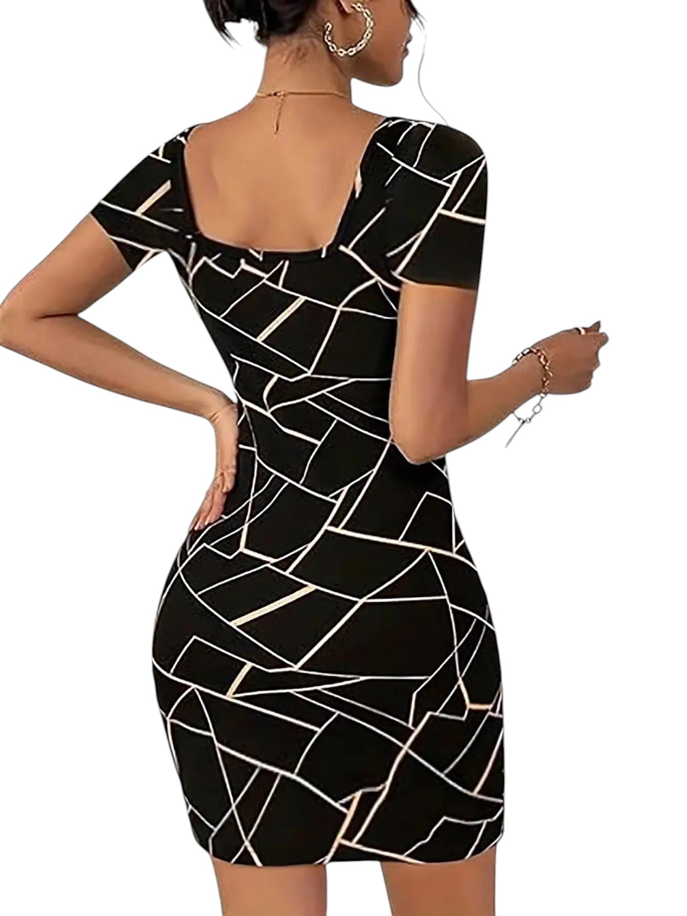 COMFORTH Geometric print square neck short sleeve bodycon dress in black and white. Stretchy fabric accentuates curves.
