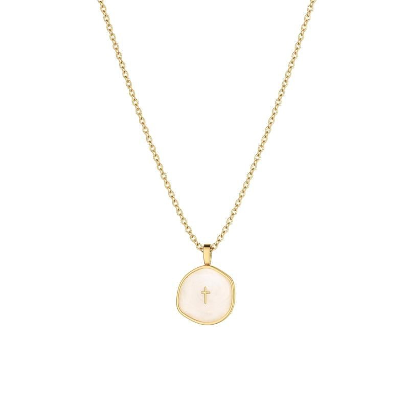 COMFORTH Gold plated necklace with a creamy white irregular pendant featuring a subtle cross inlay. Adjustable chain.