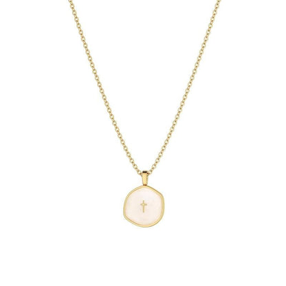 COMFORTH Gold plated necklace with a creamy white irregular pendant featuring a subtle cross inlay. Adjustable chain.