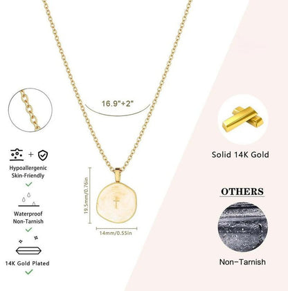 COMFORTH 14K gold plated necklace with a creamy white irregular pendant featuring a subtle cross design. Hypoallergenic, waterproof, non-tarnish.