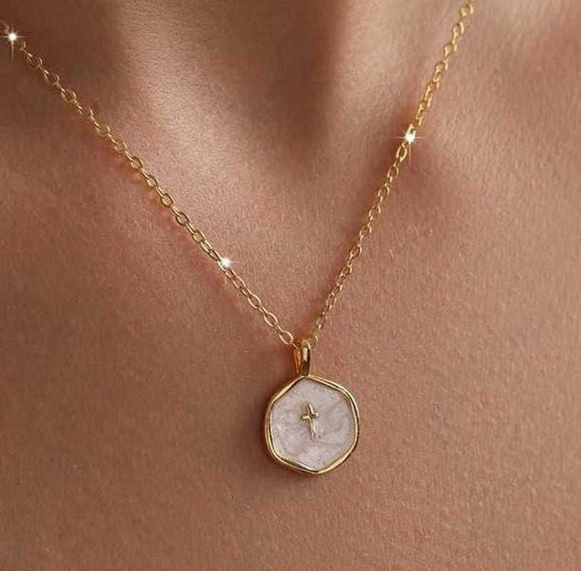 COMFORTH 14K gold-plated necklace with a white inlay cross pendant. Delicate, adjustable chain.