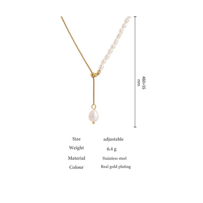 COMFORTH gold chain necklace with freshwater pearls, adjustable lariat style with baroque pearl drop.