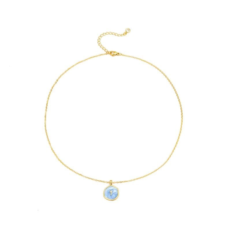 COMFORTH 14K gold-plated necklace with a blue inlay cross pendant. Features an adjustable chain and hypoallergenic design.