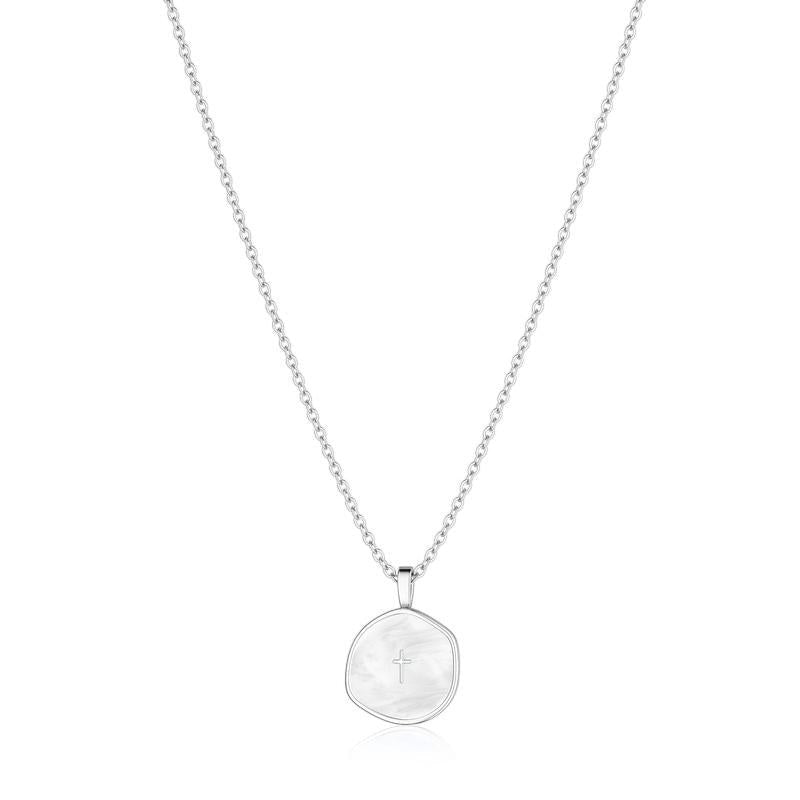 COMFORTH 14K gold plated necklace with a cross pendant featuring a mother-of-pearl inlay and an irregular shape.