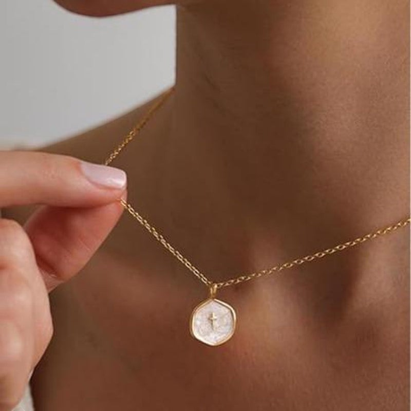 COMFORTH 14K gold plated necklace with a white inlay hexagonal pendant featuring a small cross.