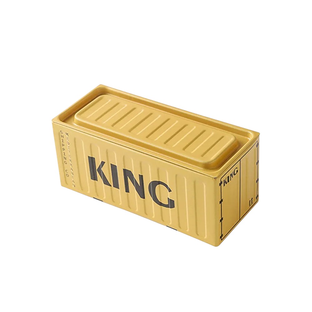 COMFORTH gold metal storage container shaped like a shipping container with "KING" printed on the side.