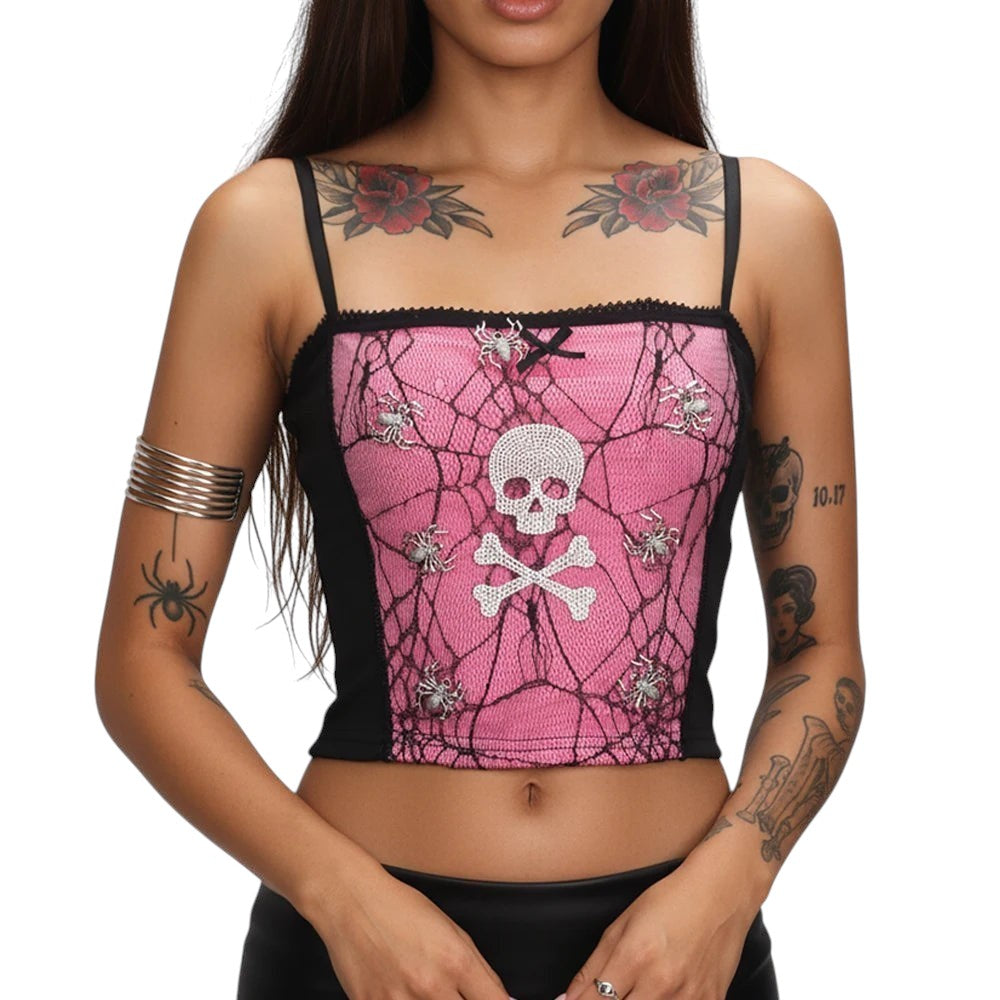 COMFORTHot pink lace corset top with spider web pattern, skull and crossbones rhinestone detail, and black trim.